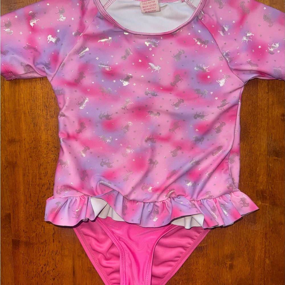 Girls Pink Unicorn Ruffle Swimsuit